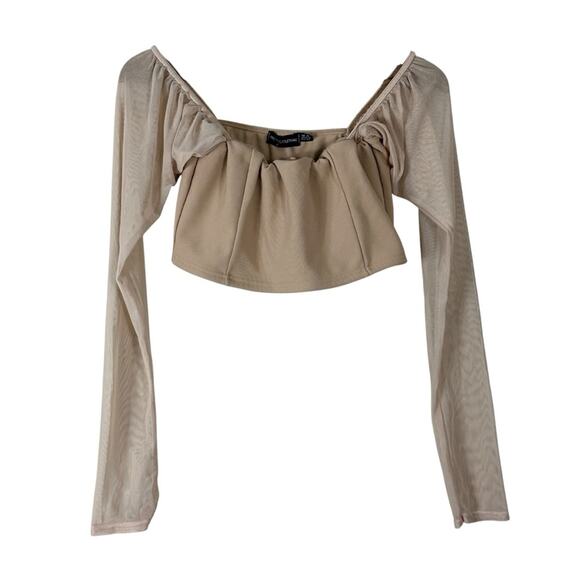 PrettyLittleThing Crop Top Womens 12 Beige Long Mesh Sleeve Boho Coquette Ballet - Picture 1 of 5